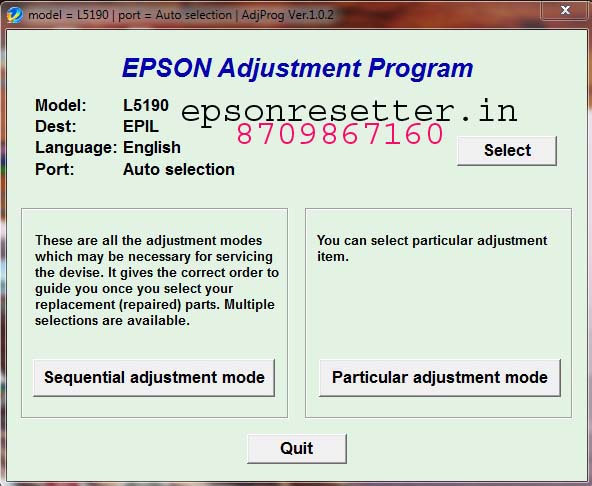 Epson Resetter and Adjustment Program  L1210, L3210, L3250, L3251, L3260, L5290